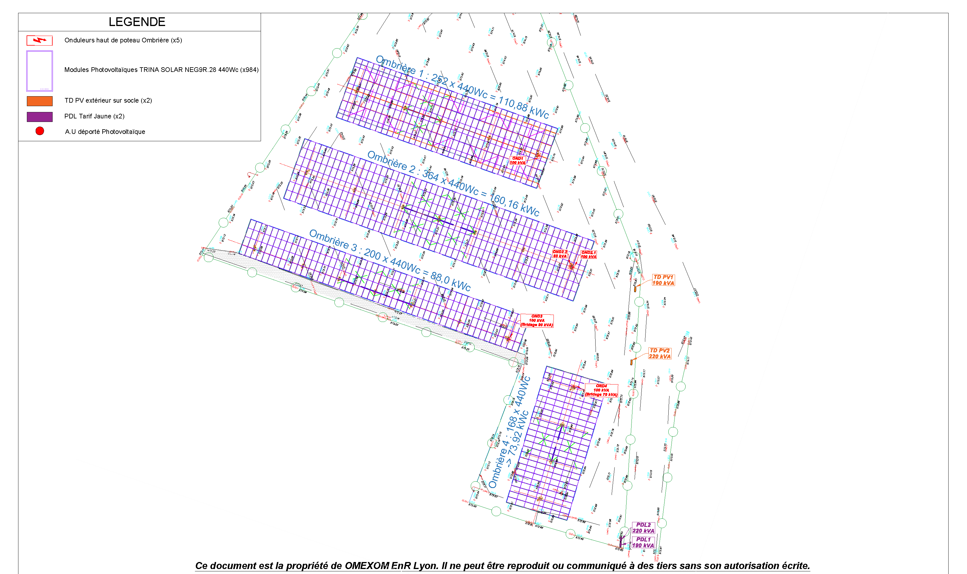 Plan du calepinage des 4 ombrières photovoltaïques construites sur le parking du stade de Chauvilly à Gex.