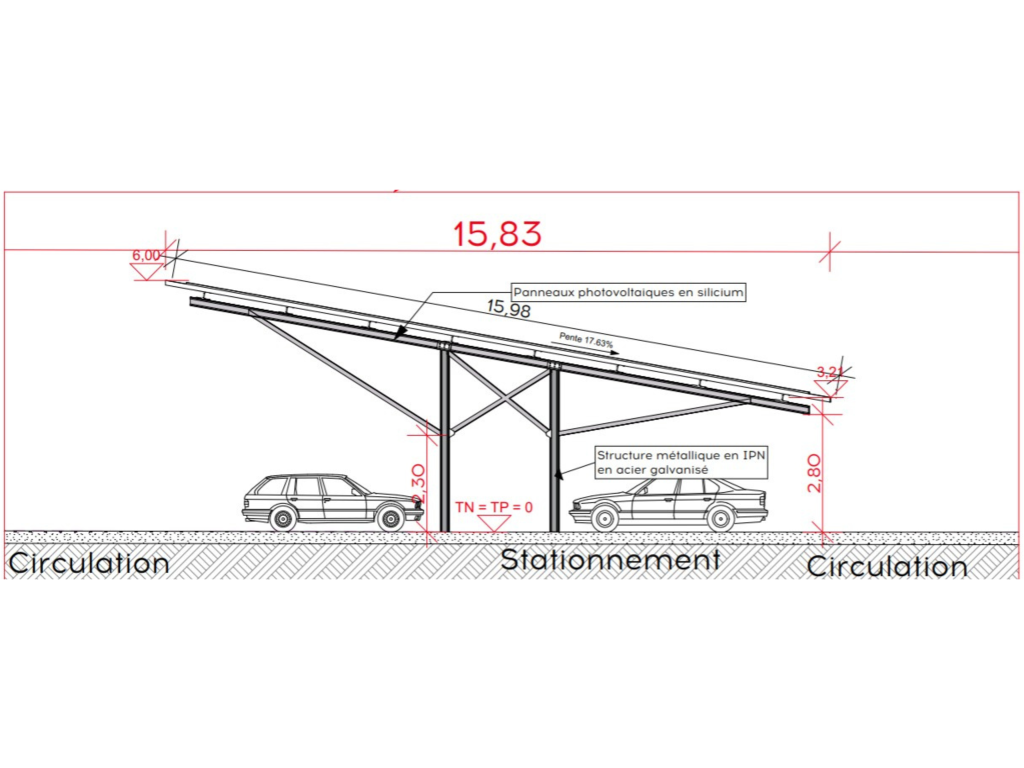 Plan de vue en coupe de l'architecture de l'ombrière photovoltaïque du parking de la halte ferroviaire de Saint-Marcel-en-Dombes