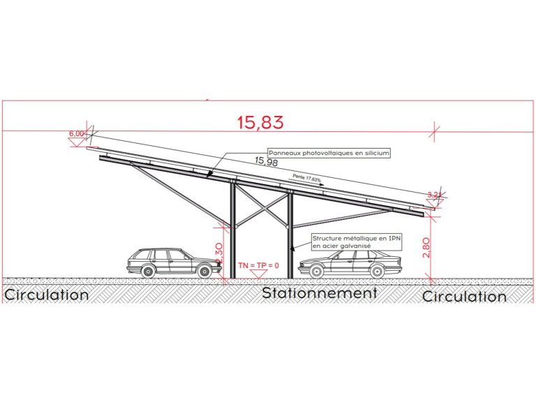 Plan de vue en coupe de l'architecture de l'ombrière photovoltaïque du parking de la halte ferroviaire de Saint-Marcel-en-Dombes