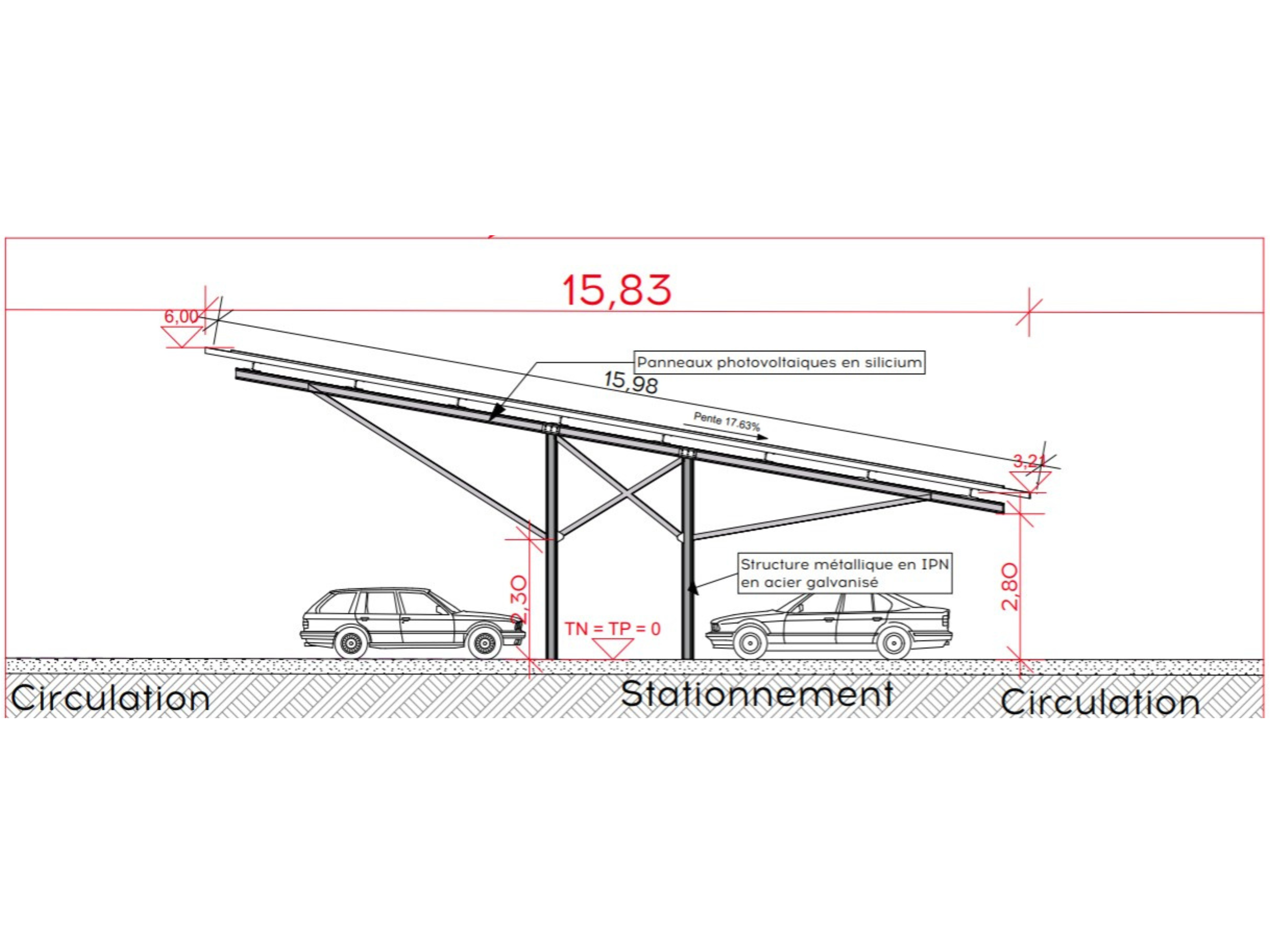 Plan de vue en coupe de l'architecture de l'ombrière photovoltaïque du parking de la halte ferroviaire de Saint-Marcel-en-Dombes