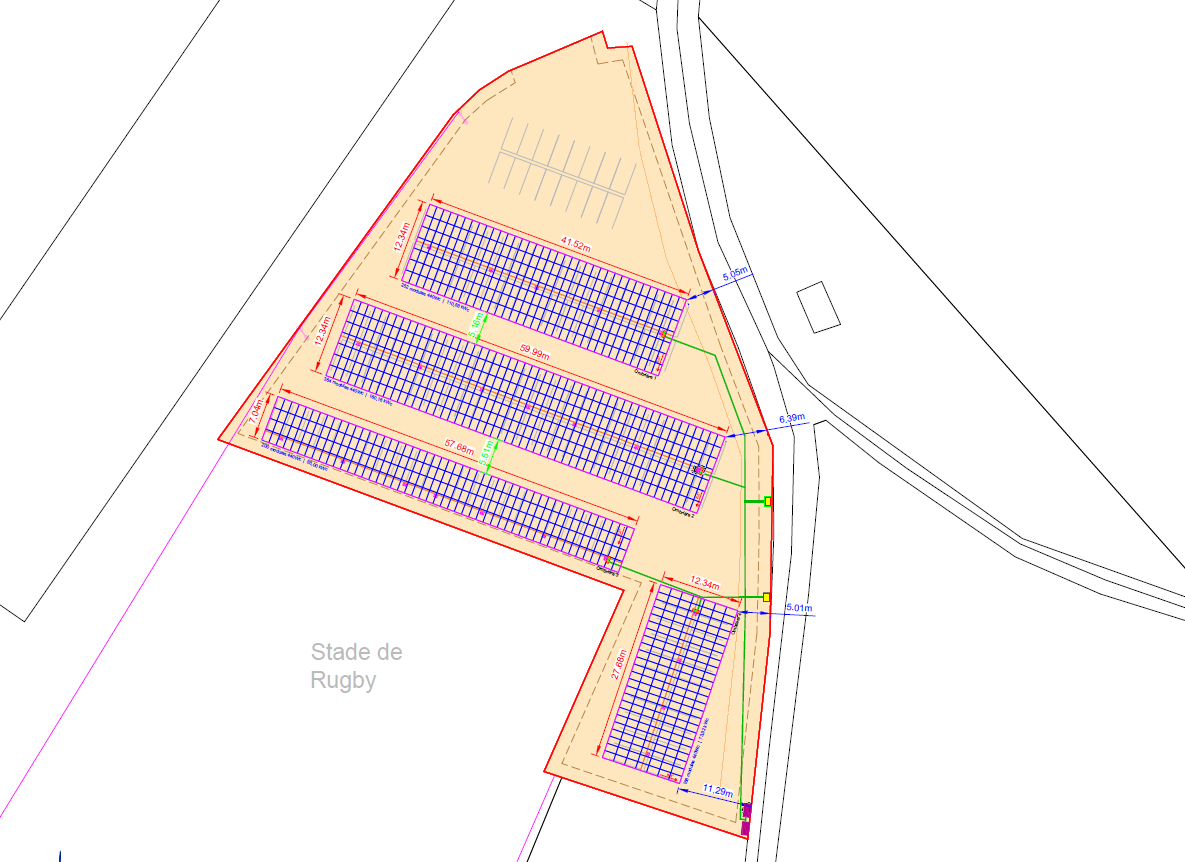 Plan du calepinage des 4 ombrières photovoltaïques construites sur le parking du stade de Chauvilly à Gex.