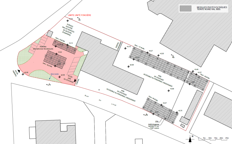 Plan de masse du projet de construction de 5 ombrières photovoltaïques sur sur le parking et sur des aires de stockage des ateliers municipaux de la commune de Viriat