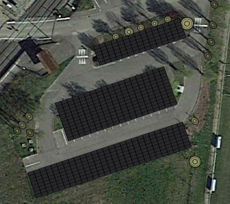 Illustration du projet de construction de 3 ombrières photovoltaïques sur le parking de la halte ferroviaire de la commune de Saint-Marcel-en-Dombes