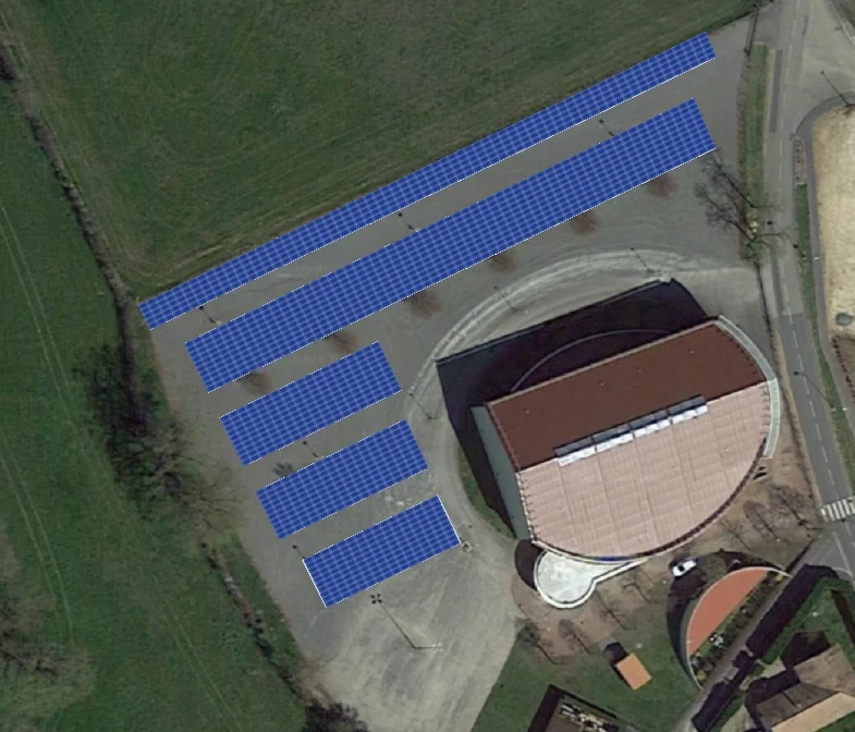 Plan de calepinage du projet de construction de 4 ombrières photovoltaïques sur le parking du gymnase de la commune de Saint-Didier-sur-Chalaronne