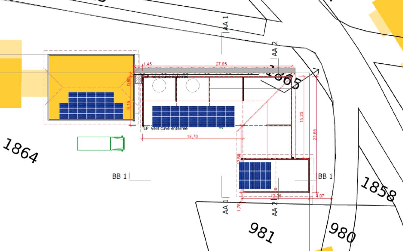 Illustration du projet de construction d'une installation photovoltaïque sur la toiture des futurs locaux techniques de la commune de Crozet