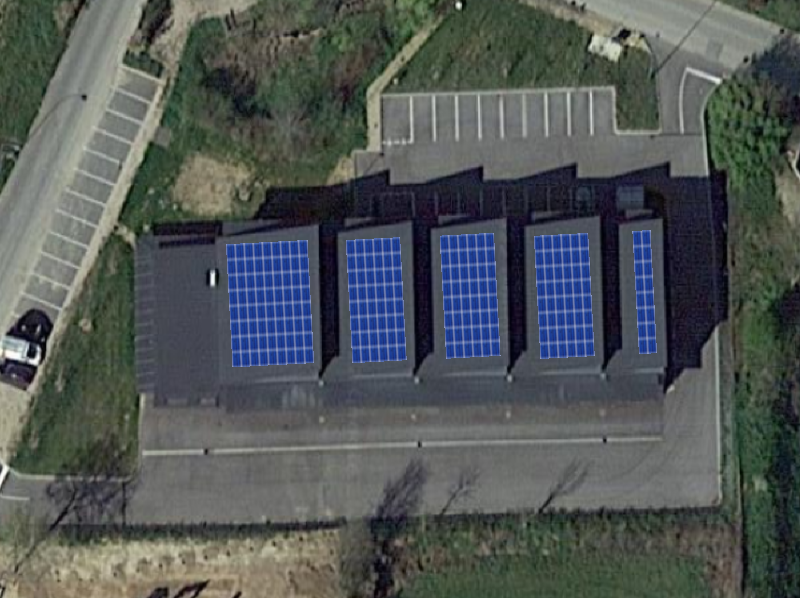 Plan de calepinage du projet de panneaux photovoltaïques en toiture sur les locaux de l'Hôtel d'Entreprises à Châtillon-sur-Chalaronne (CC de la Dombes).