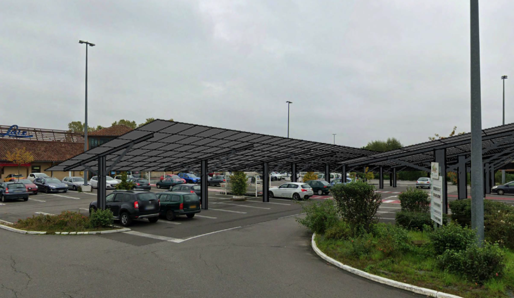 Illustration des 4 ombrières photovoltaïques sur le parking du Super U de la commune de Laiz.