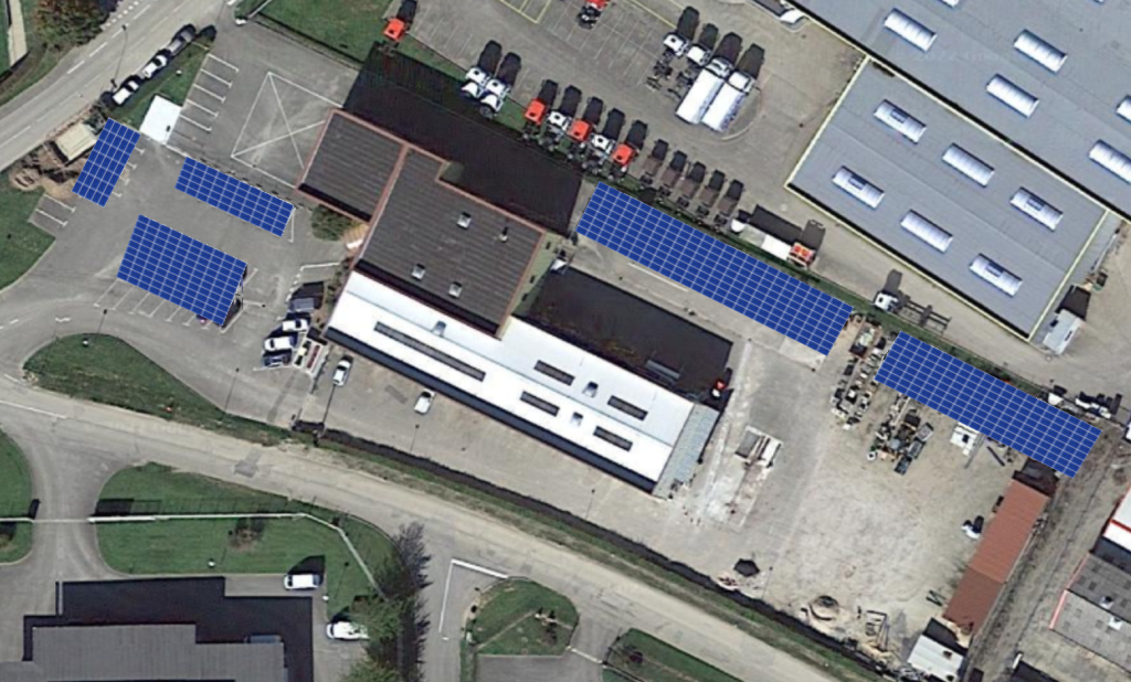 Plan de calepinage pour le projet de construction de 5 ombrières photovoltaïques sur sur le parking et sur des aires de stockage des ateliers municipaux de la commune de Viriat