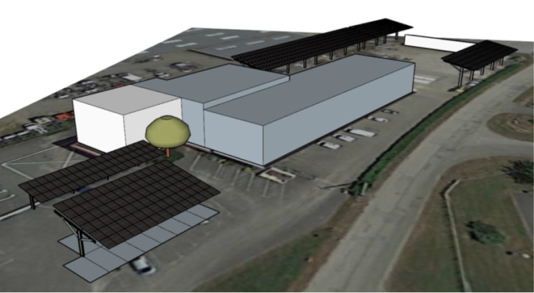 Illustration du projet de construction de 5 ombrières photovoltaïques sur le parking et les aires de stockage des ateliers municipaux de la commune de Viriat