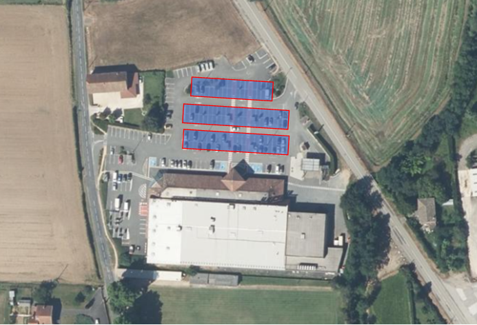 Plan de Calepinage en vue de la construction de 3 ombrières photovoltaïques sur le parking du Super U de Laiz