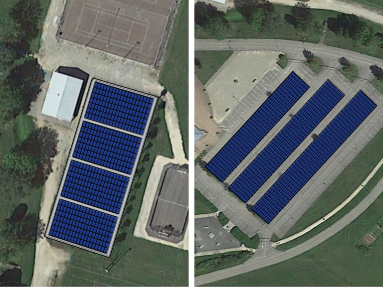 Plans de calepinage des projets de construction d'ombrières photovoltaïques sur les terrains de pétanques et sur le parking de la salle polyvalente de la commune de Port