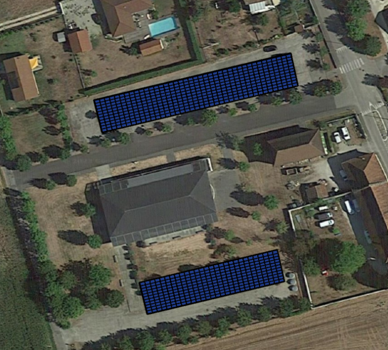 Plan de calepinage du projet de construction de 2 ombrières photovoltaïques sur le parking de la salle polyvalente de la commune de Brégnier-Cordon