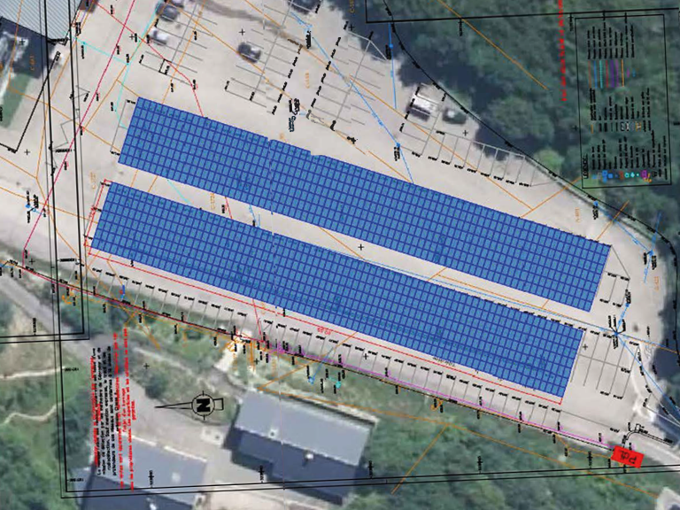 Plan de calepinage du projet de construction de 4 ombrières photovoltaïques sur le parking de la télécabine du Fierney sur la commune de Crozet