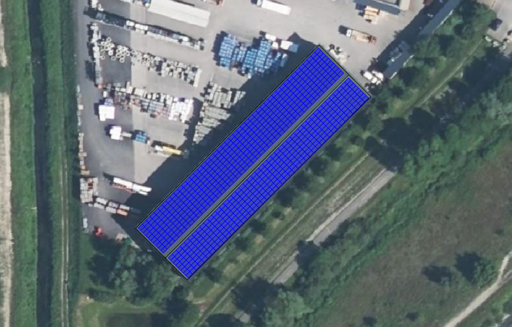 Plan de calepinage du projet de construction d'une installation photovoltaïque sur la toiture du Bigmat Bugeymat de la commune de Belley.