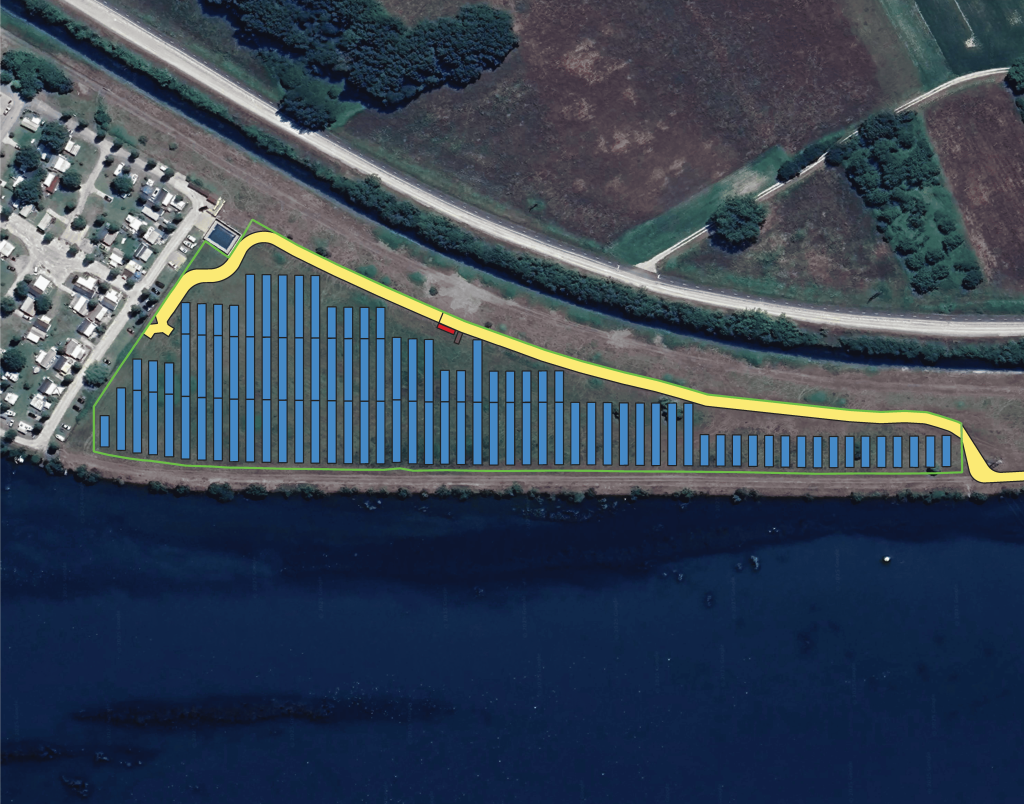 Plan du calepinage du projet de construction d'une centrale photovoltaïque au sol sur une digue élargie à Serrières-de-Briord d'une puissance de 2,6 MWc