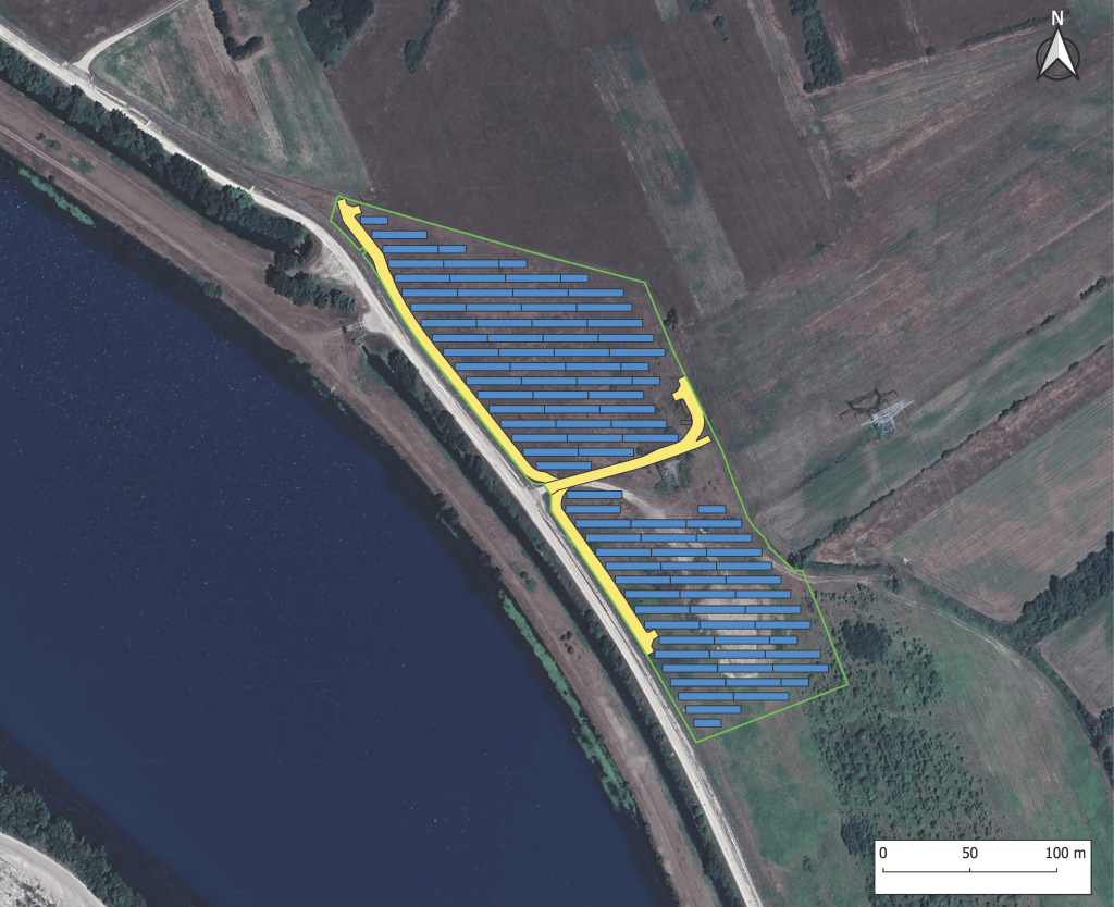 Plan de calepinage du projet de construction d'une centrale photovoltaïque au sol sur un ancien remblai du Rhône à Belley d'une puissance de 3,2 MWc