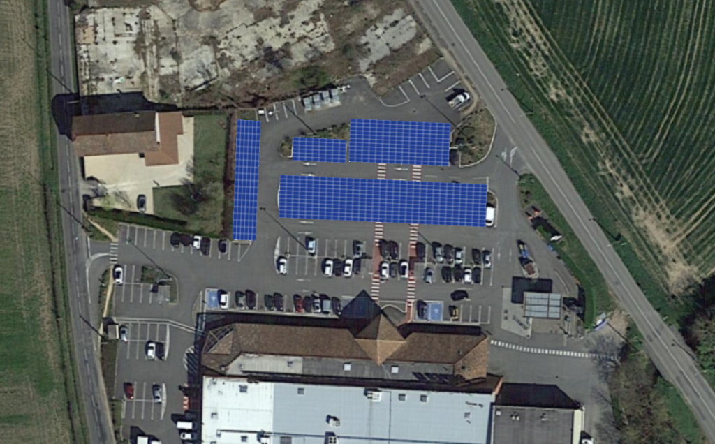 Plan de Calepinage en vue de la construction de 4 ombrières photovoltaïques sur le parking du Super U de Laiz