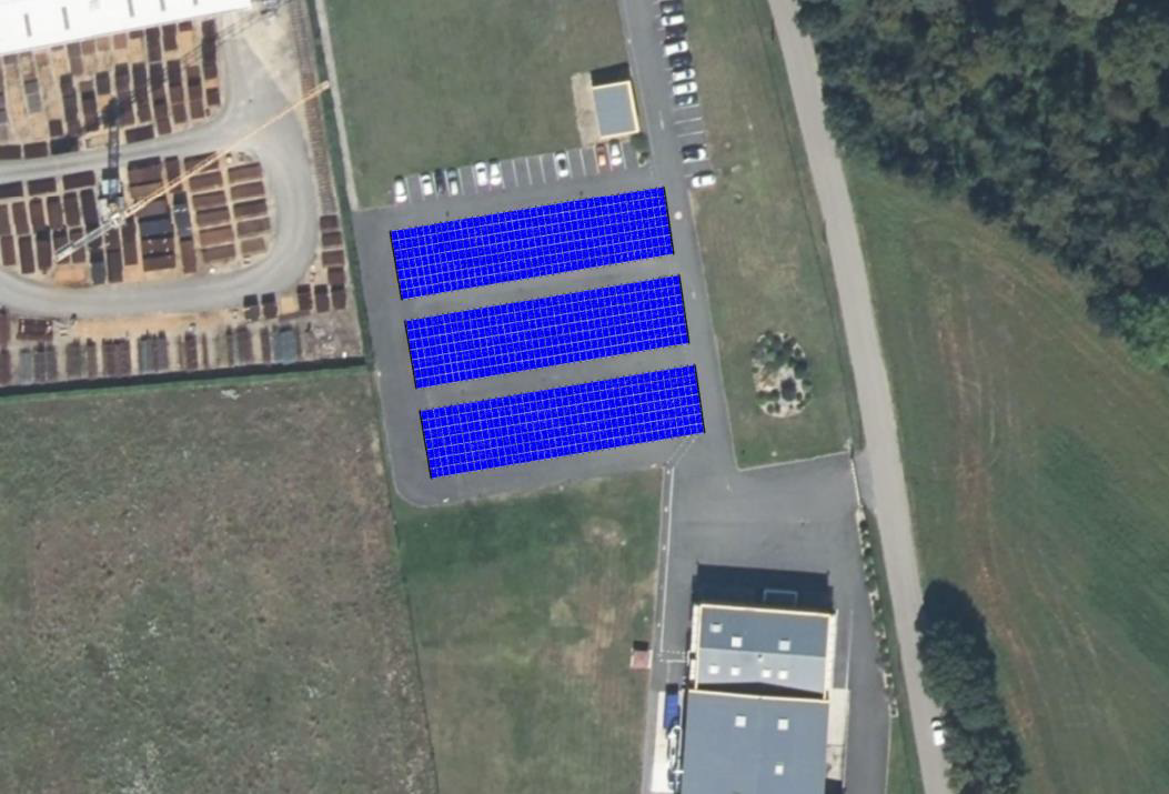 Plan de calepinage du projet de construction de 3 ombrières photovoltaïques sur le parking de l'entreprise Stratus Packaging à Viriat.