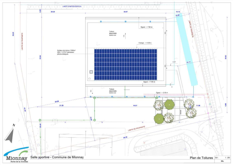 Plan de calepinage du projet de construction d'une installation photovoltaïque sur la toiture de la future salle sportive de Mionnay.